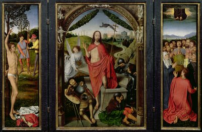 Triptychon der Auferstehung: Die Auferstehung (Mitte) Das Martyrium des Hl. Sebastian (links) und Die Himmelfahrt (rechts) ca. 1485-90 von Hans Memling